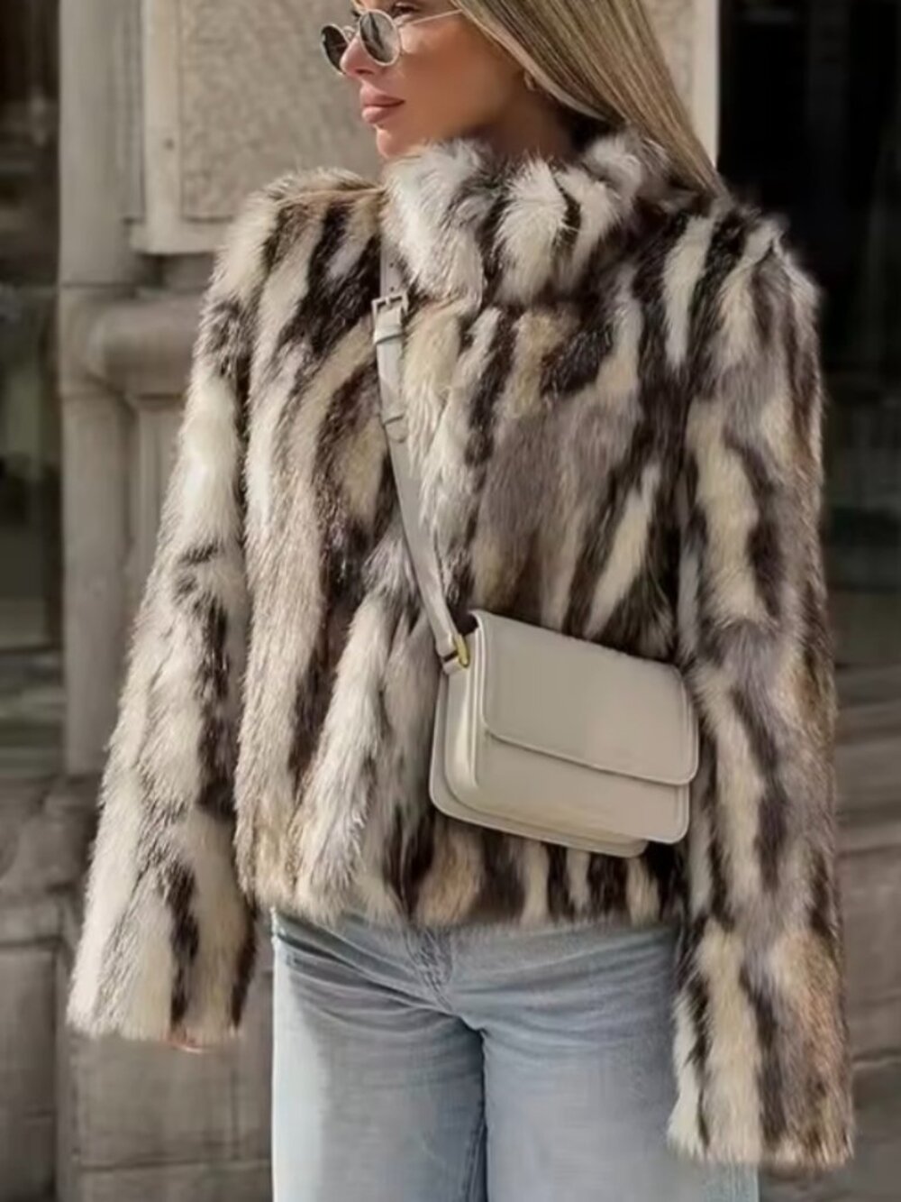 Winter women's new fashion animal print natural color imitation fur standing